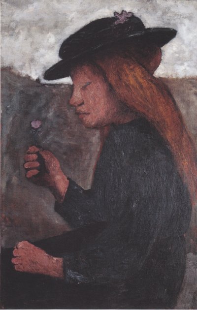 Seated Girl with Black Hat and Flower in Right Hand by Paula Modersohn Becker